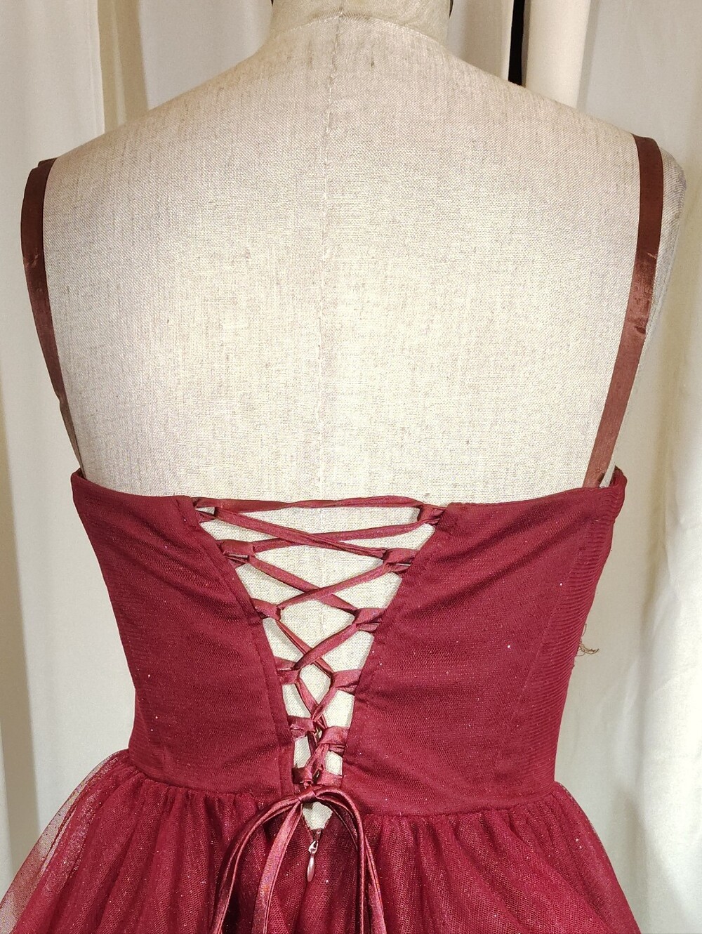 Masquerade Strapless Formal, Sparkles, Short burgundy Corset LaceUp Back, Lace,5 - Picture 7 of 13